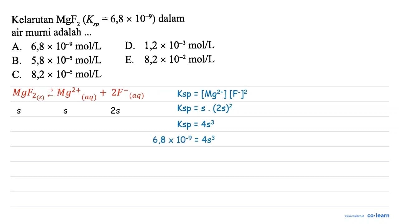 Kelarutan MgF2(Ksp=6,8 x 10^-9) dalam air murni adalah ...