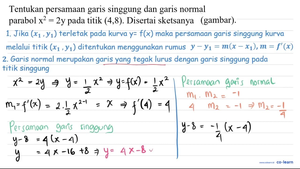 Tentukan persamaan garis singgung dan garis normal parabol