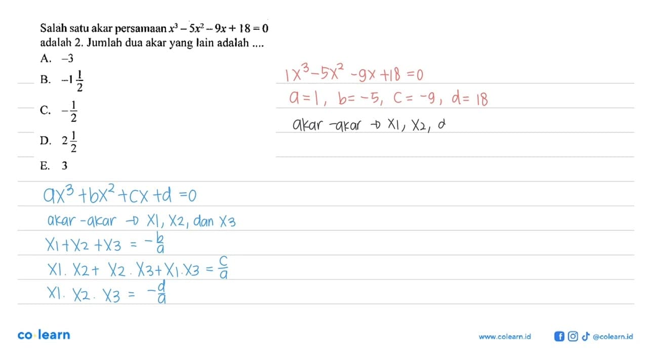 Salah satu akar persamaan x^3-5x^2-9x+18=0 adalah 2. Jumlah