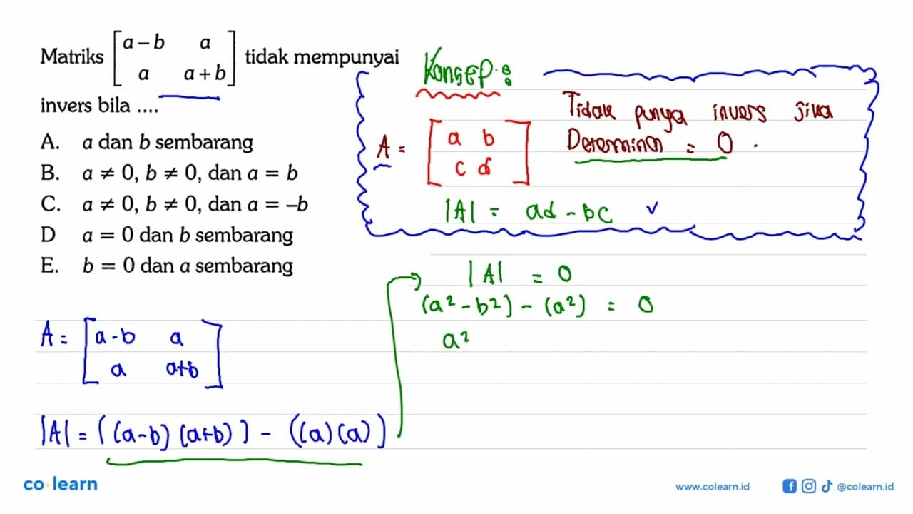 Matriks [a-b a a a+b] tidak mempunyai invers bila .....