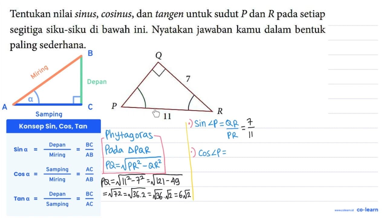 Tentukan nilai sinus, cosinus, dan tangen untuk sudut P dan