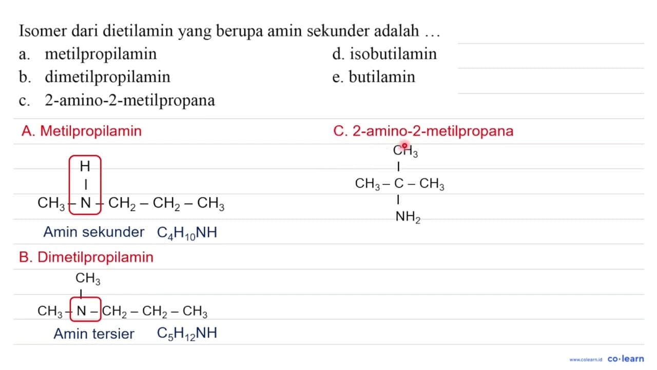 Isomer dari dietilamin yang berupa amin sekunder adalah ...