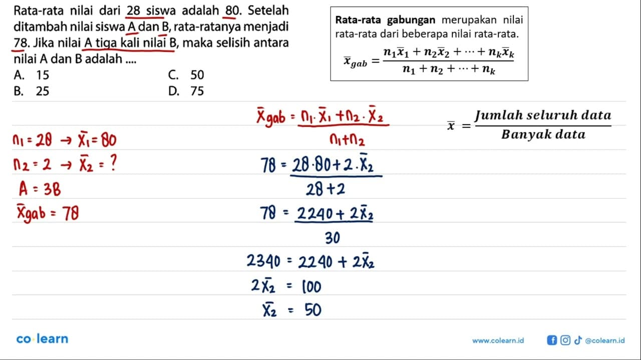 Rata-rata nilai dari 28 siswa adalah 80. Setelah ditambah