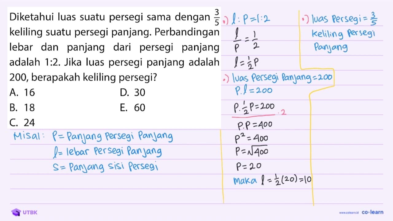 Diketahui luas suatu persegi sama dengan (3)/(5) keliling