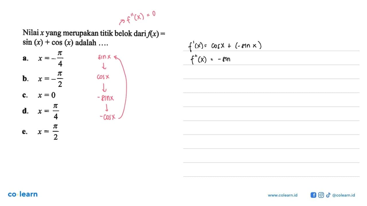 Nilai x yang merupakan titik belok dari f(x)=sin(x)+cos(x)