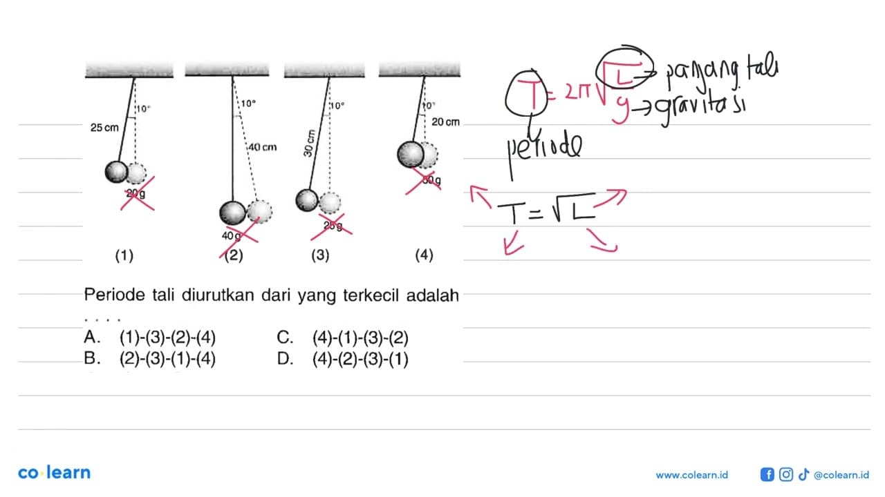 (1) 25 cm 20 g 10 (2) 40 cm 40 g 10(3) 30 cm 25 g 10 (4) 20