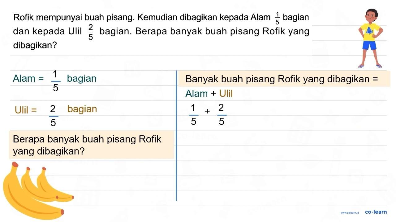 Rofik mempunyai buah pisang. Kemudian dibagikan kepada Alam