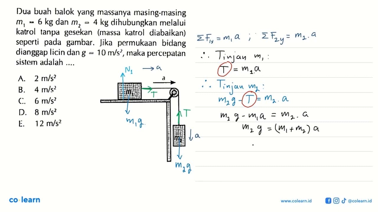 Dua buah balok yang massanya masing-masing m1=6 kg dan m2=4