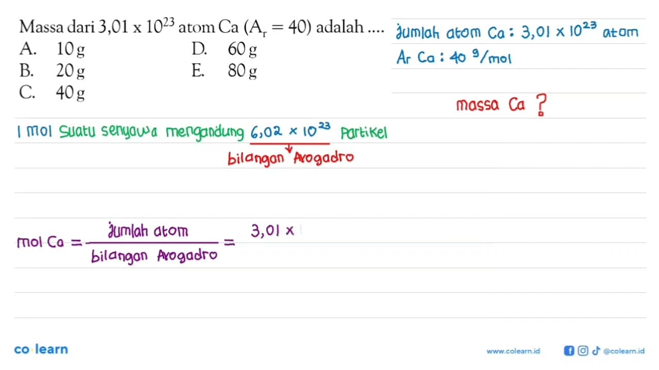 Massa dari 3,01 x 10^23 atom Ca(Ar=40) adalah ....A. 10 g