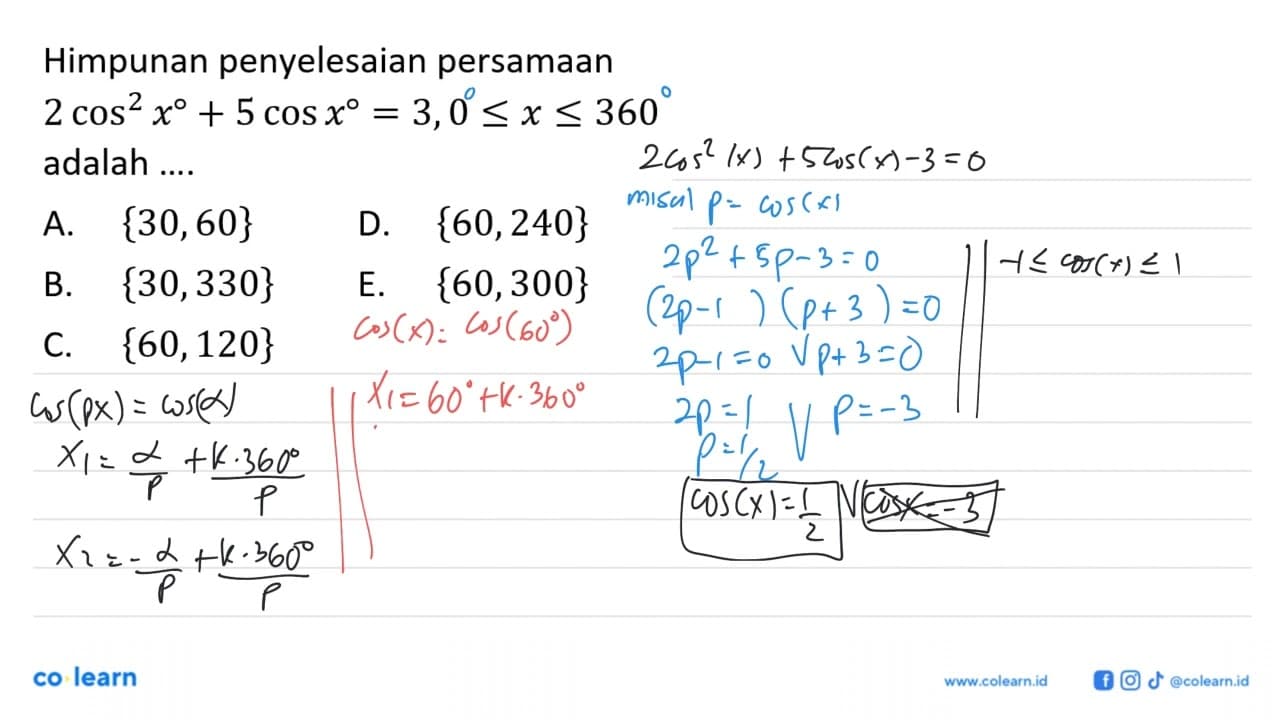 Himpunan penyelesaian persamaan 2 cos^2 x+5 cos x=3,