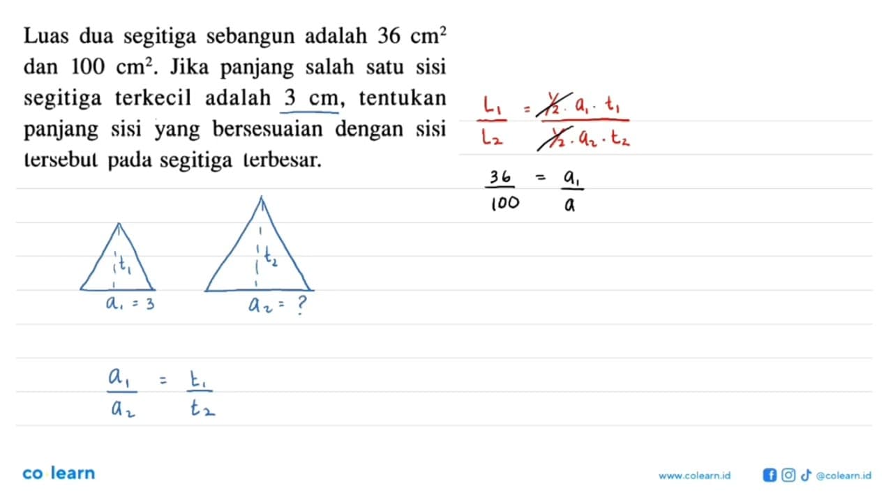 Luas dua segitiga sebangun adalah 36 cm^2 dan 100 cm^2.