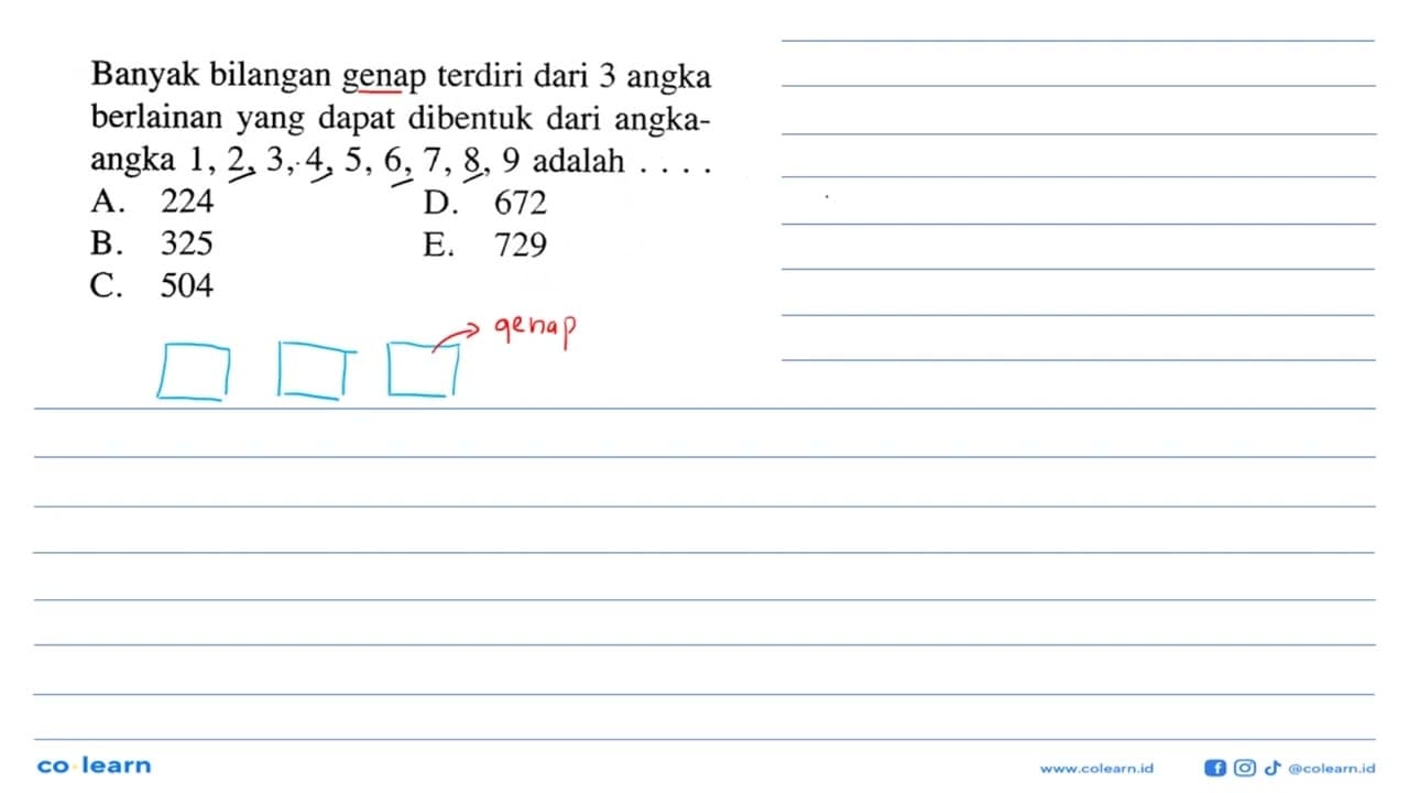 Banyak bilangan genap terdiri dari 3 angka berlainan yang