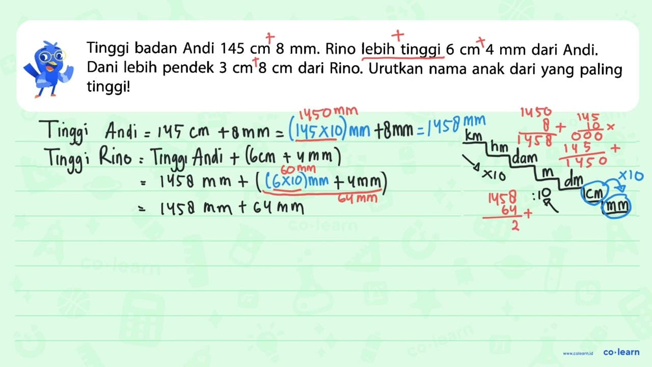 Tinggi badan Andi 145 cm 8 mm. Rino lebih tinggi 6 cm 4 mm