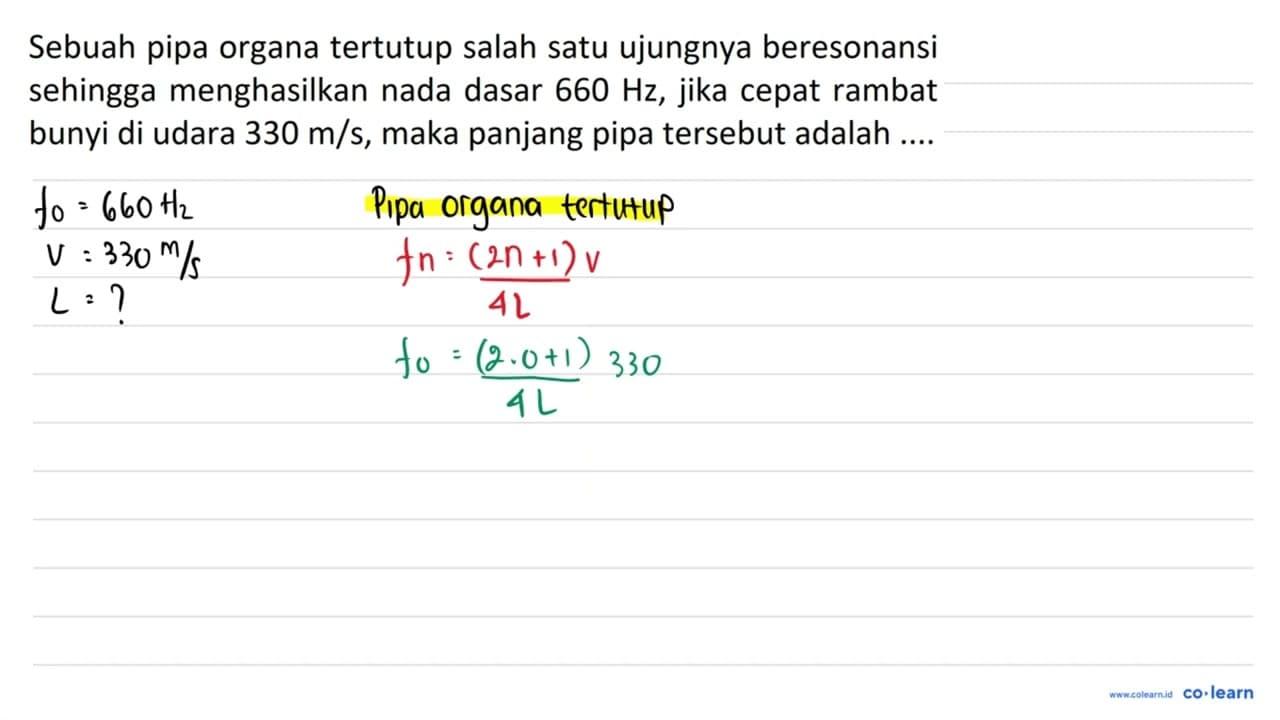 Sebuah pipa organa tertutup salah satu ujungnya beresonansi