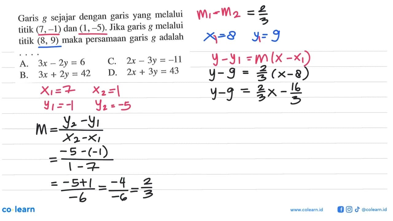 Garis g sejajar dengan garis yang melalui titik (7, -1) dan