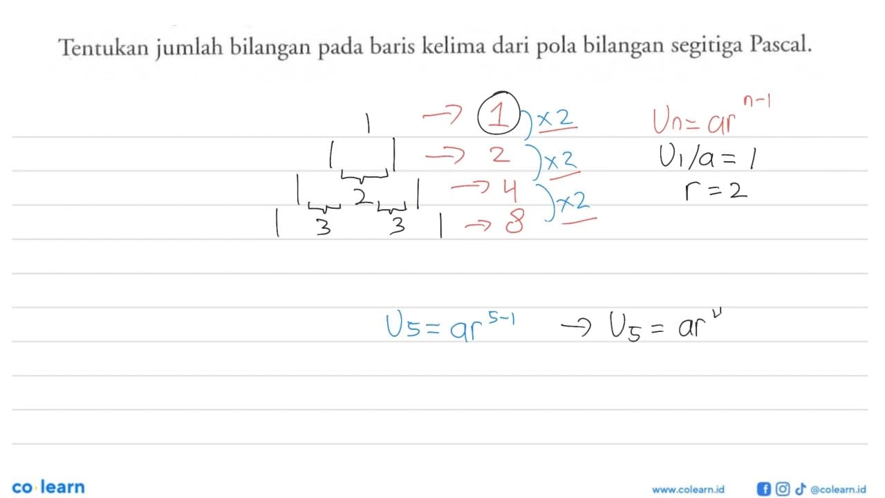 Tentukan jumlah bilangan pada baris kelima dari pola