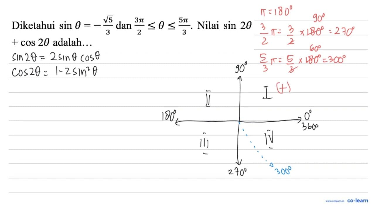 Diketahui sin theta=-(akar(5))/(3) dan (3 pi)/(2) <= theta