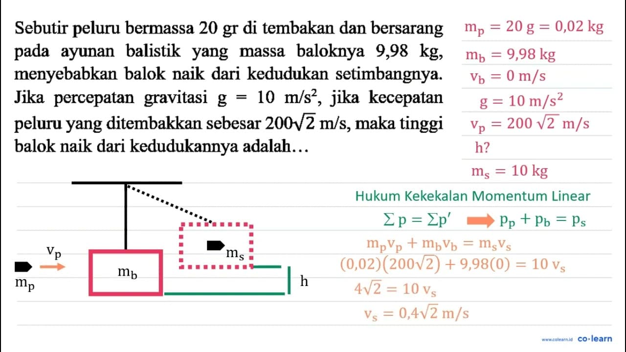 Sebutir peluru bermassa 20 gr di tembakan dan bersarang