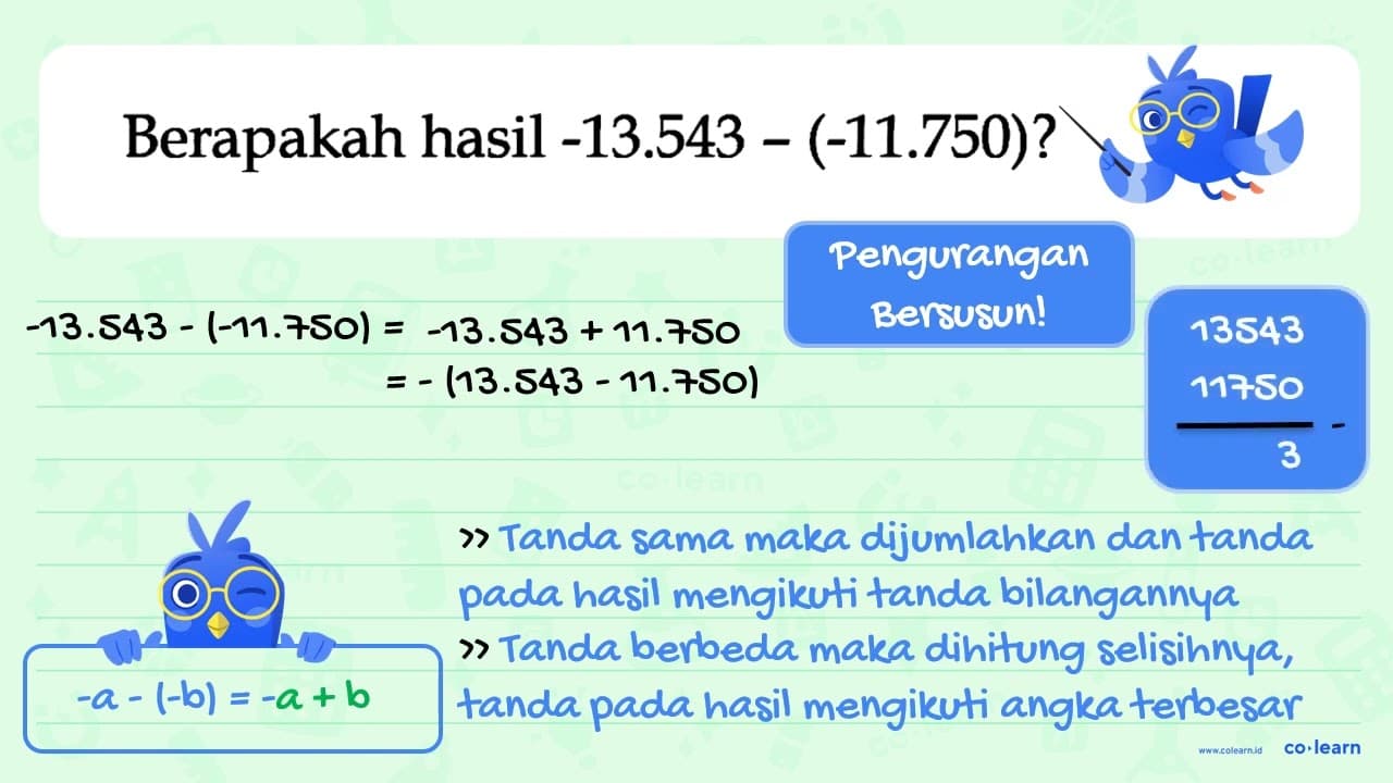 Berapakah hasil -13.543 - (-11.750)?