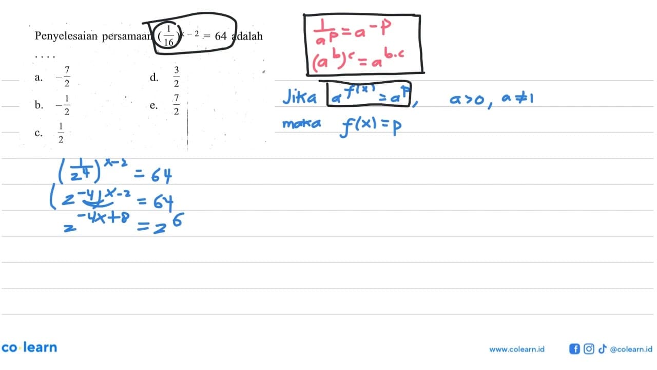 Penyelesaian persamaan (1/16)^(x-2)=64 adalah . . . .