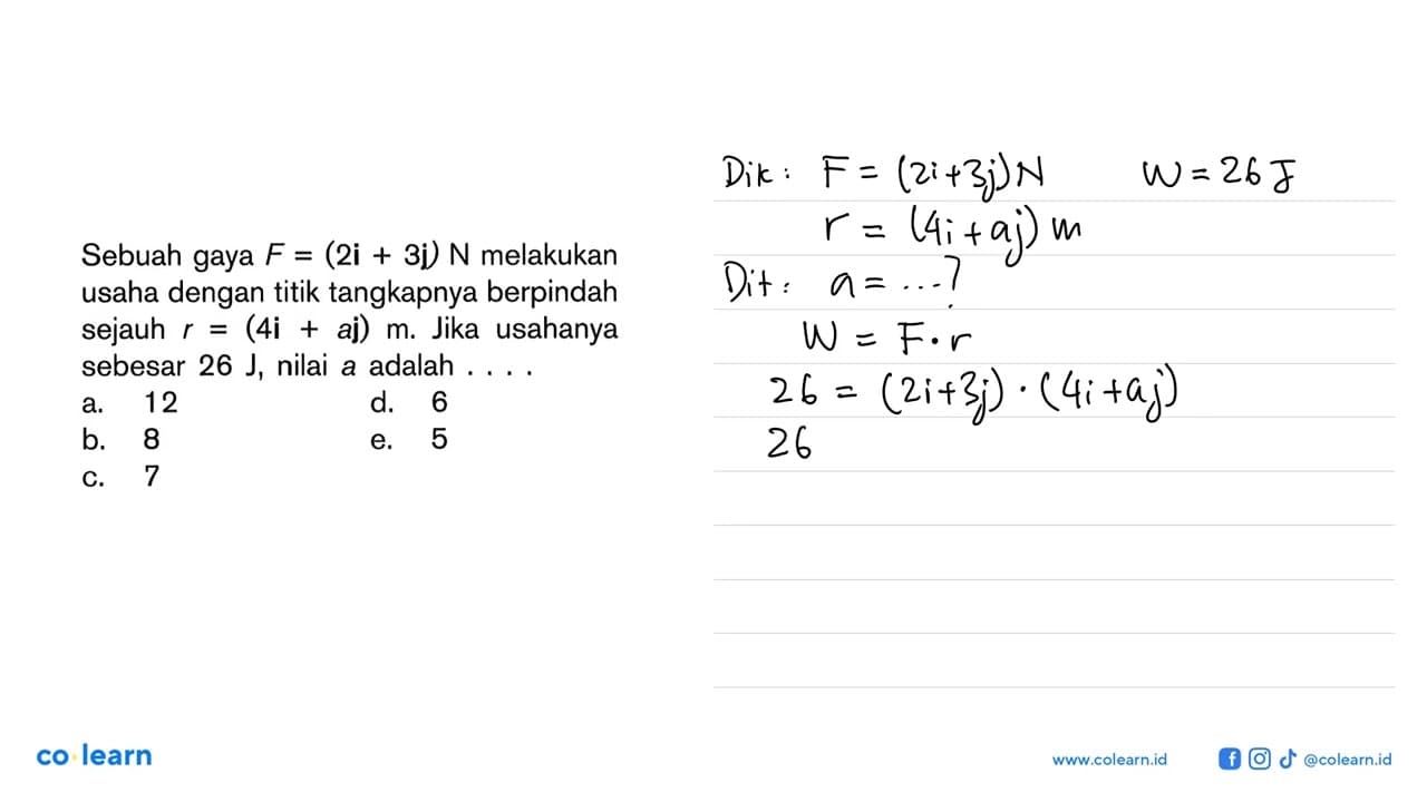 Sebuah gaya F=(2i+3i) N melakukan usaha dengan titik