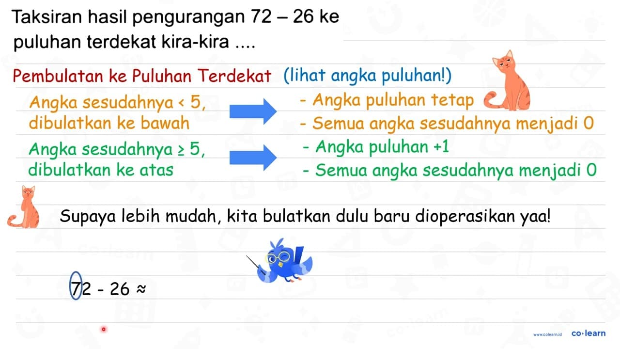 Taksiran hasil pengurangan 72-26 ke puluhan terdekat