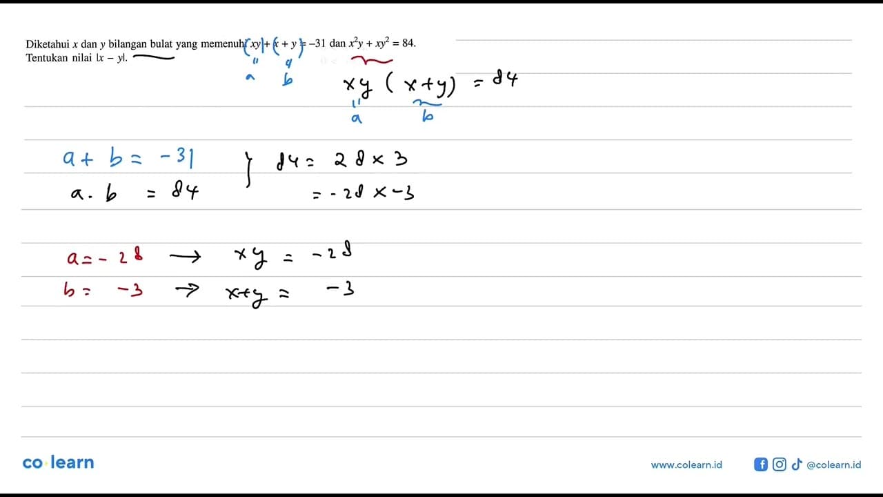 Diketahui x dan y bilangan bulat yang memenuhi xy+x+y=-31