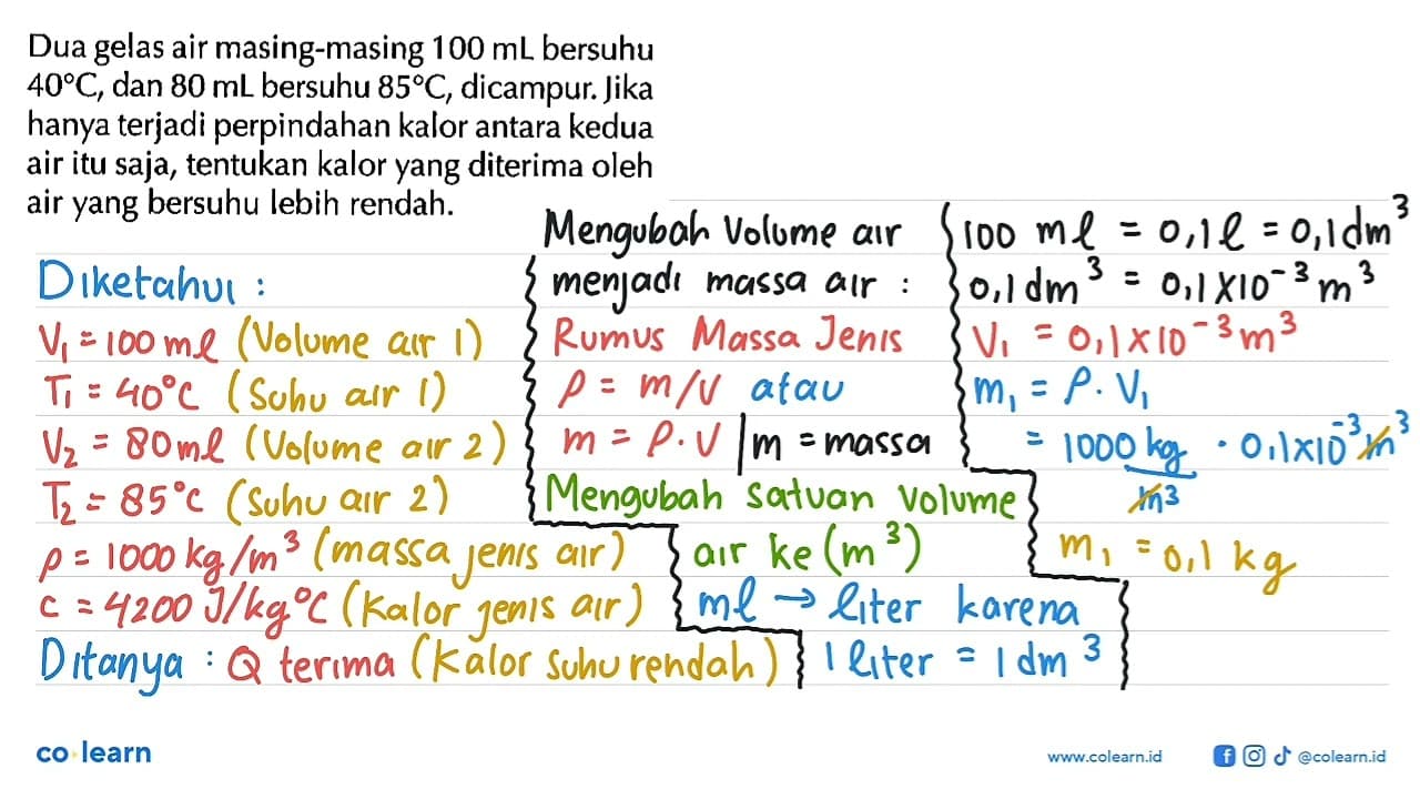 Dua gelas air masing-masing 100 mL bersuhu 40 C, dan 80 mL