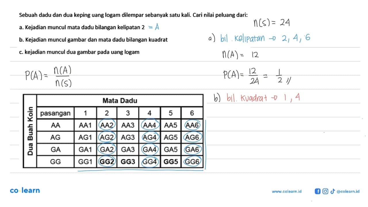 Sebuah dadu dan dua keping uang logam dilempar sebanyak