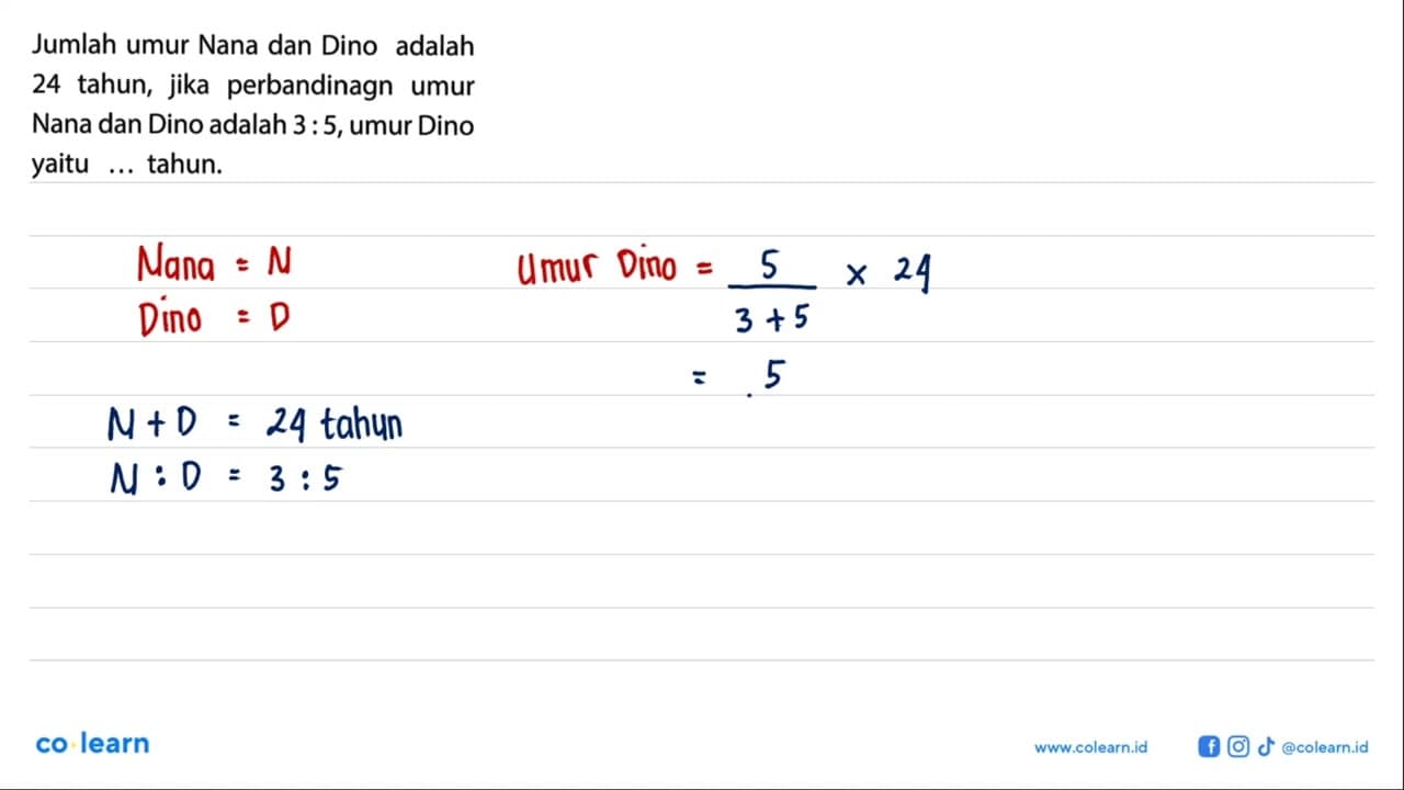 Jumlah umur Nana dan Dino adalah 24 tahun, jika