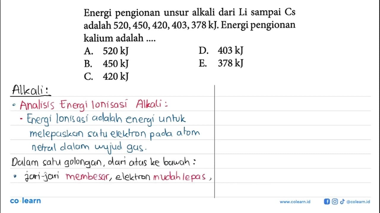 Energi pengionan unsur alkali dari Li sampai Cs adalah