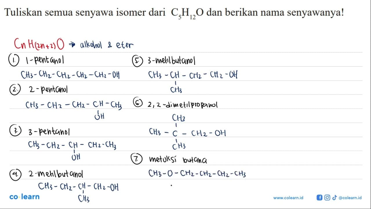 Tuliskan semua senyawa isomer dari C5H12O dan berikan nama