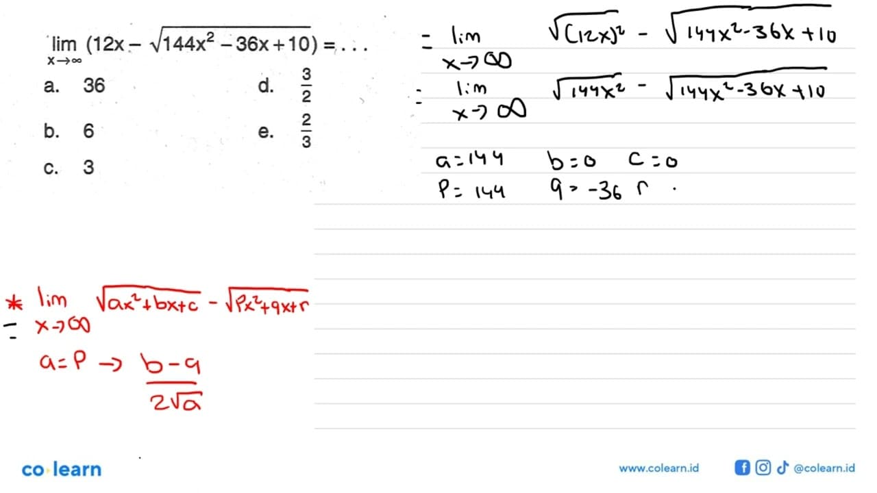 lim x->tak hingga (12x-akar(144x^2-36x+10))=