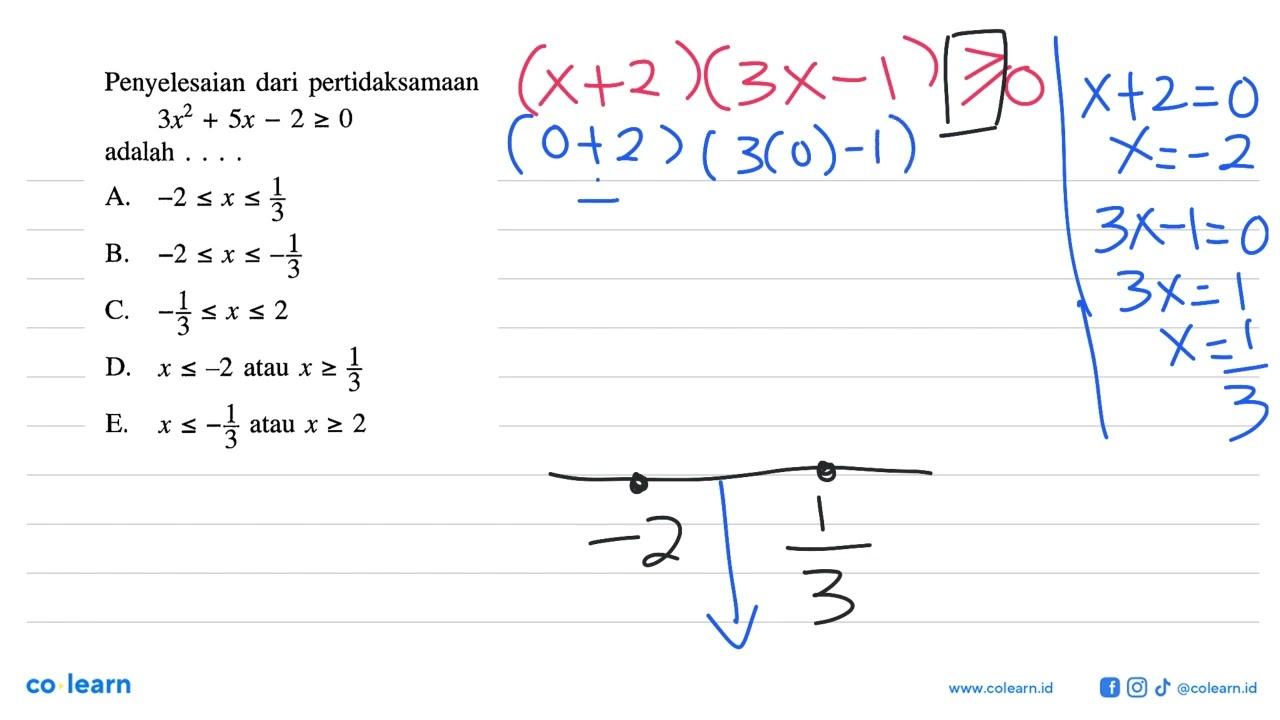 Penyelesaian dari pertidaksamaan 3x^2+5x-2 >= 0 adalah....