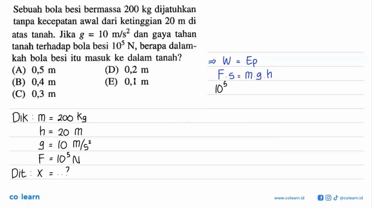 Sebuah bola besi bermassa 200 kg dijatuhkan tanpa kecepatan