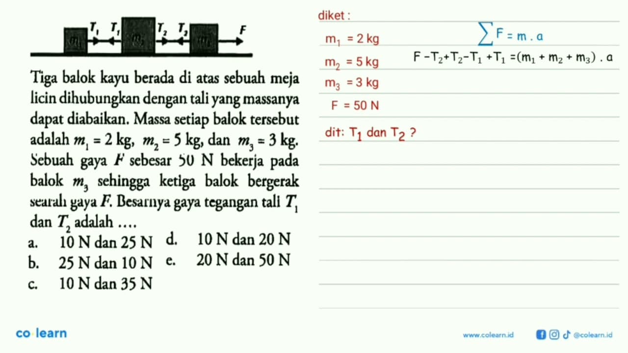 T1 T1 T2 T2 F Tiga balok kayu berada di atas sebuah meja