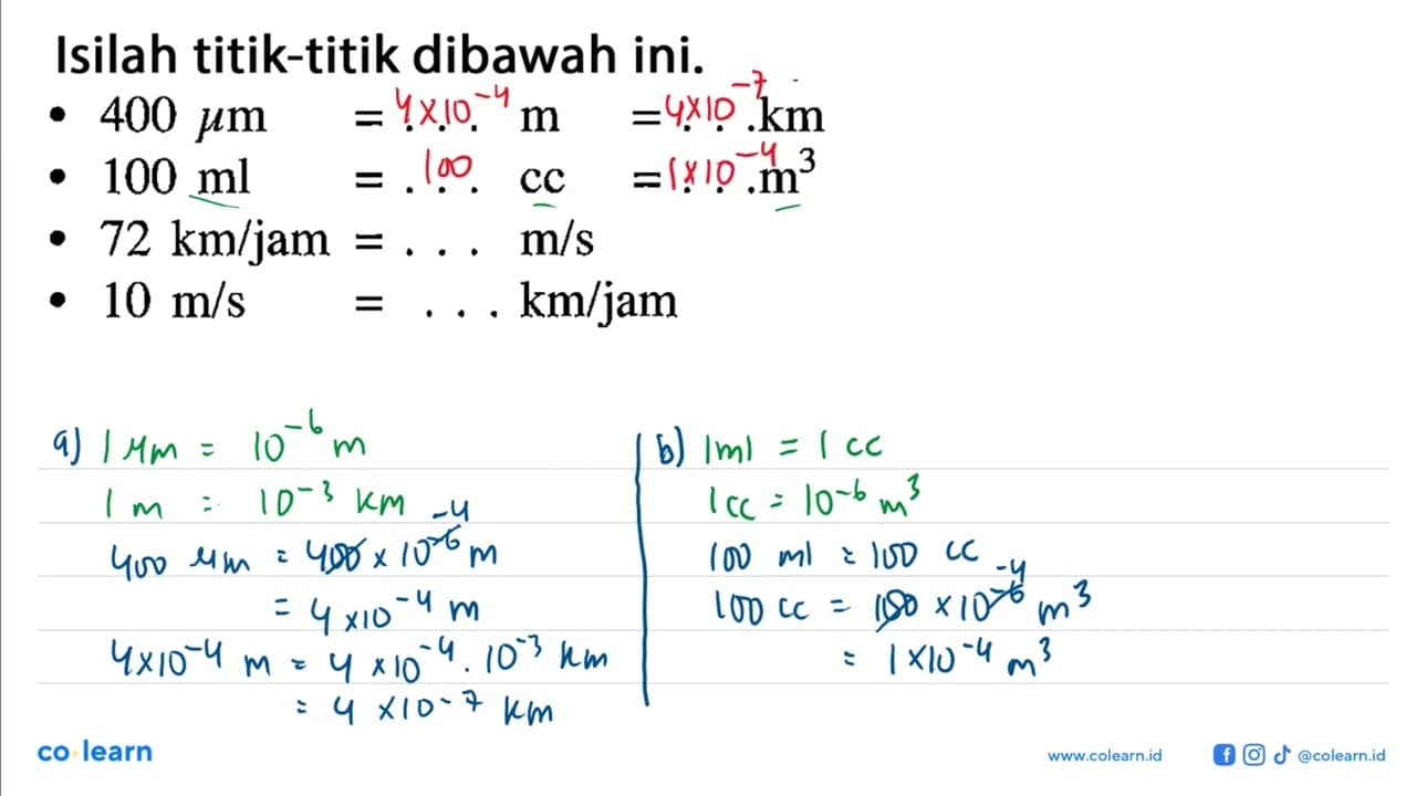 Isilah titik-titik dibawah ini. - 400 mikro m = ... m =....