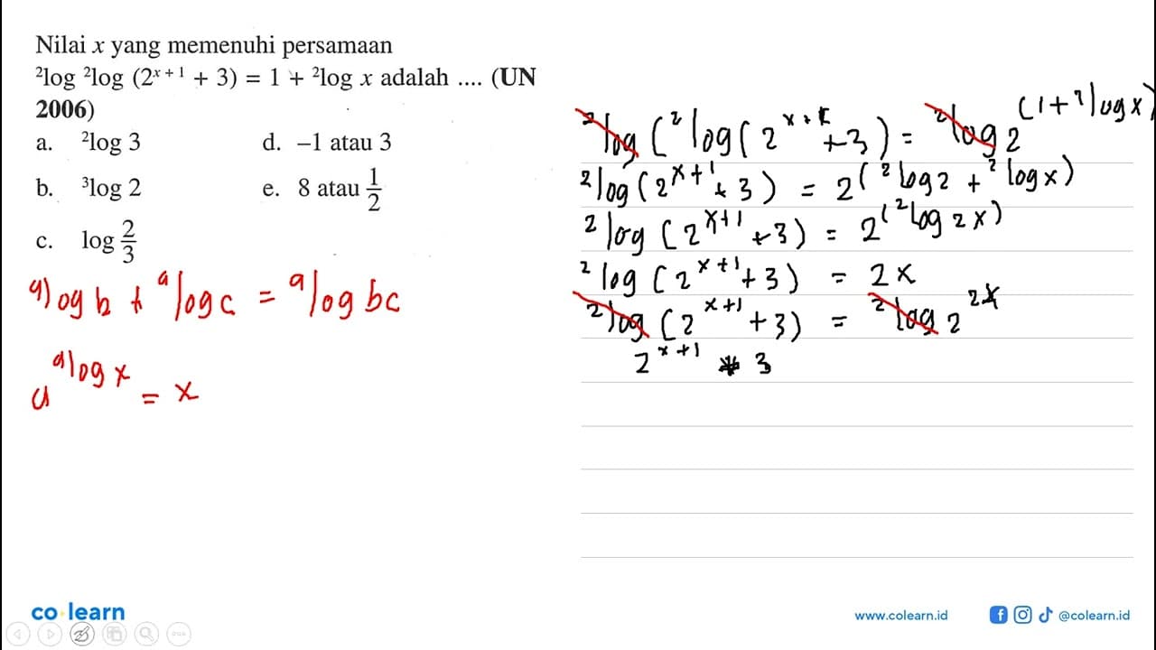 Nilai x yang memenuhi persamaan 2log 2log(2^(x+1)+3)=1+2log