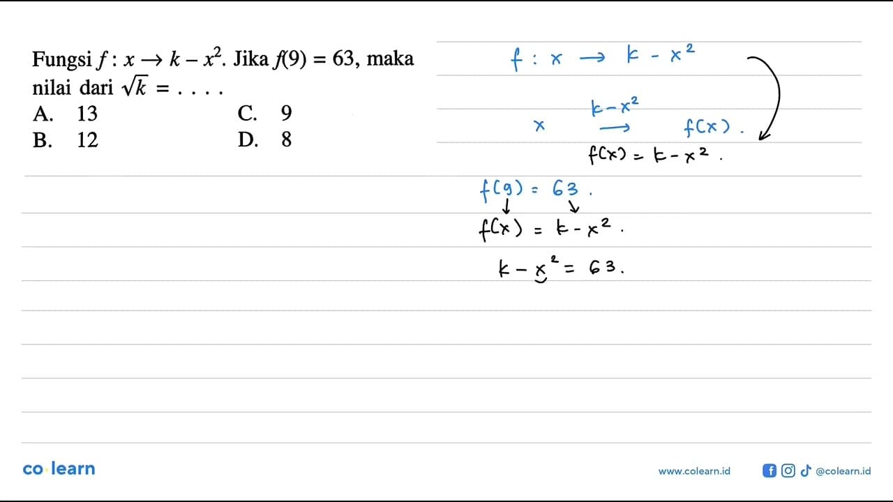 Fungsi f : x -> k - x^2. Jika f(9) = 63, maka nilai dari