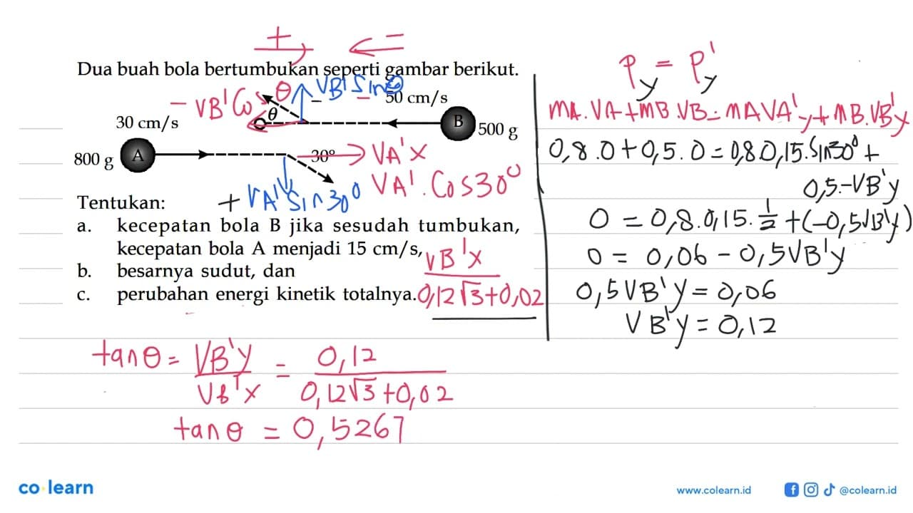 Dua buah bola bertumbukan seperti gambar berikut.30 cm/s