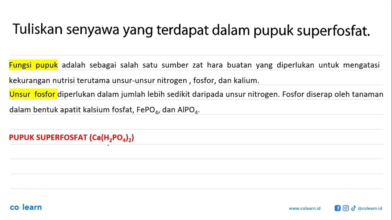 Tuliskan senyawa yang terdapat dalam pupuk superfosfat.