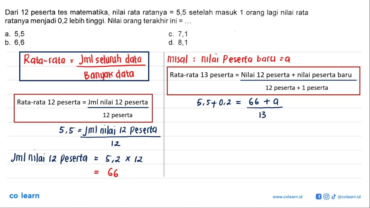 Dari 12 peserta tes matematika, nilai rata ratanya=5,5