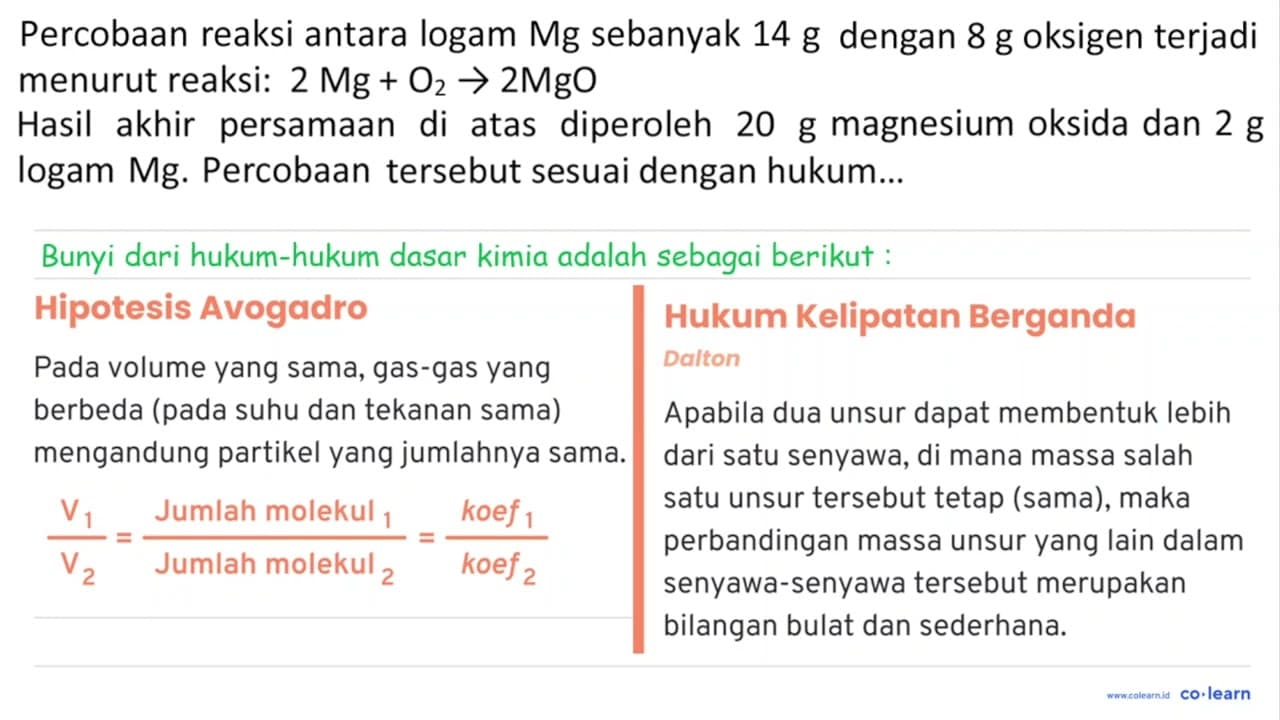 Percobaan reaksi antara logam Mg sebanyak 14 g dengan 8 g