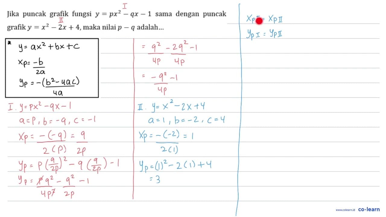 Jika puncak grafik fungsi y=p x^(2)-q x-1 sama dengan