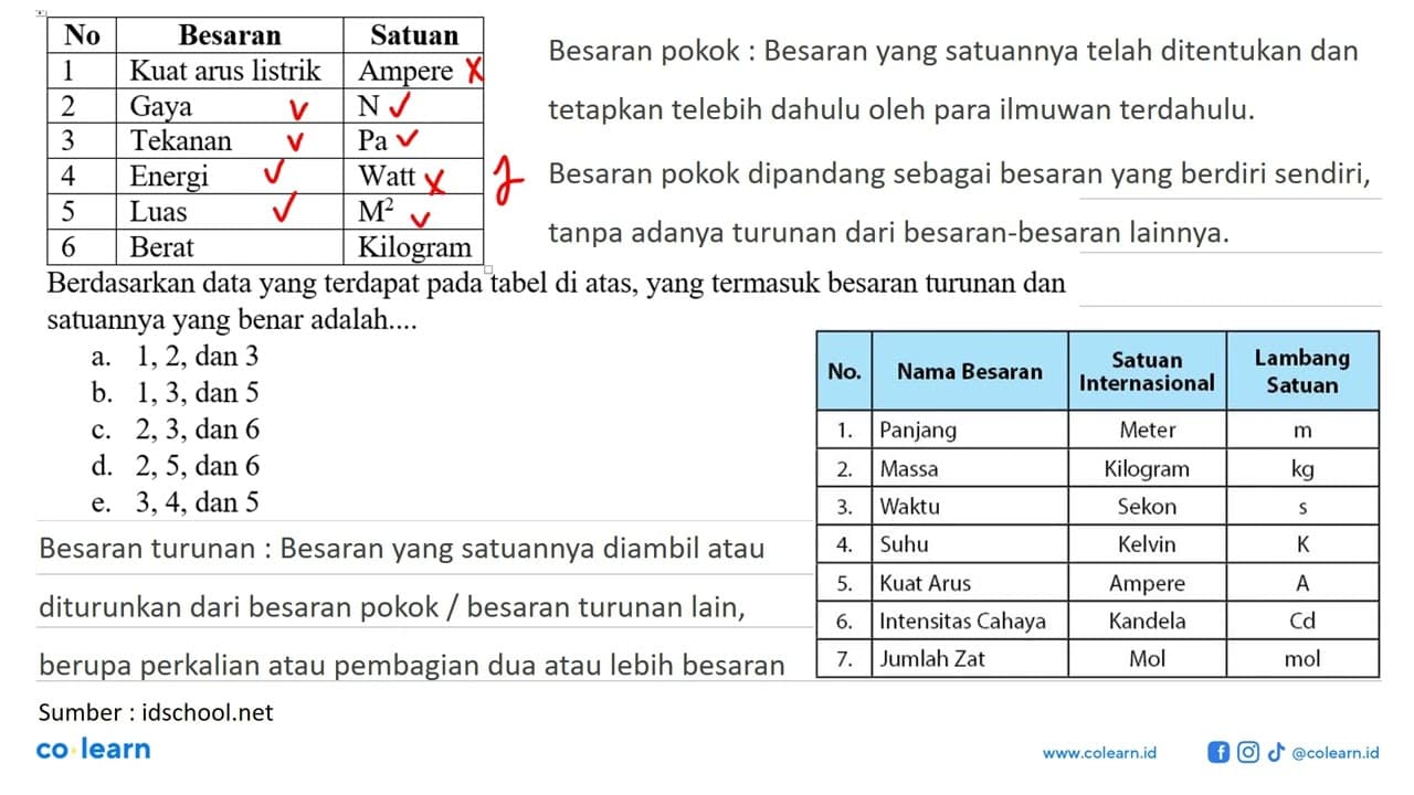 No 1 Besaran 1 Satuan 1 Kuat arus listrik Ampere 2 Gaya N 3