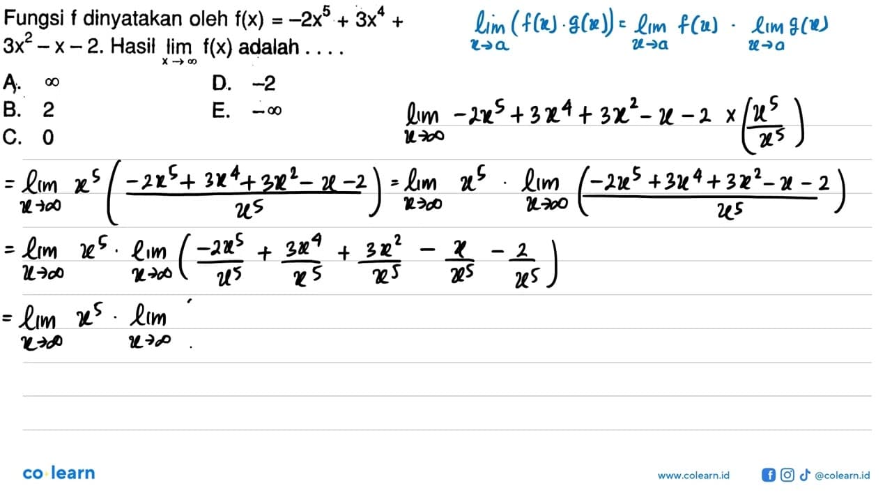 Fungsi f dinyatakan oleh f(x)=-2x^5+3x^4+ 3x^2-x-2. Hasil