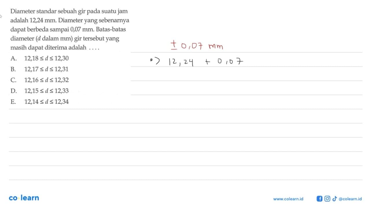 Diameter standar sebuah gir pada suatu jam adalah 12,24 mm.