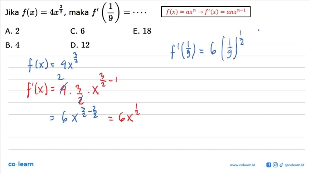 Jika f(x)=4x^(3/2), maka f'(1/9)=...