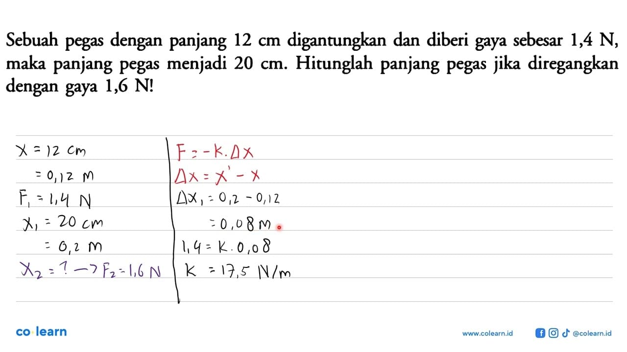 Sebuah pegas dengan panjang 12 cm digantungkan dan diberi