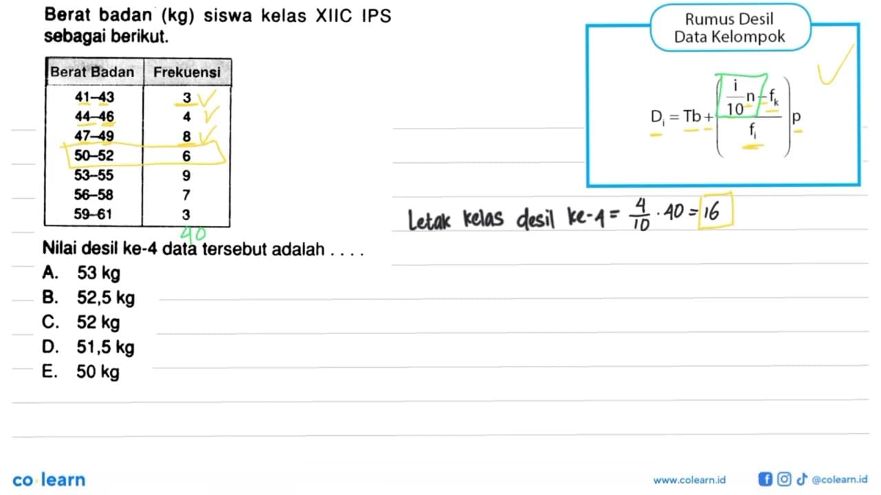 Berat badan (kg) siswa kelas XIIC IPS sebagai berikut.